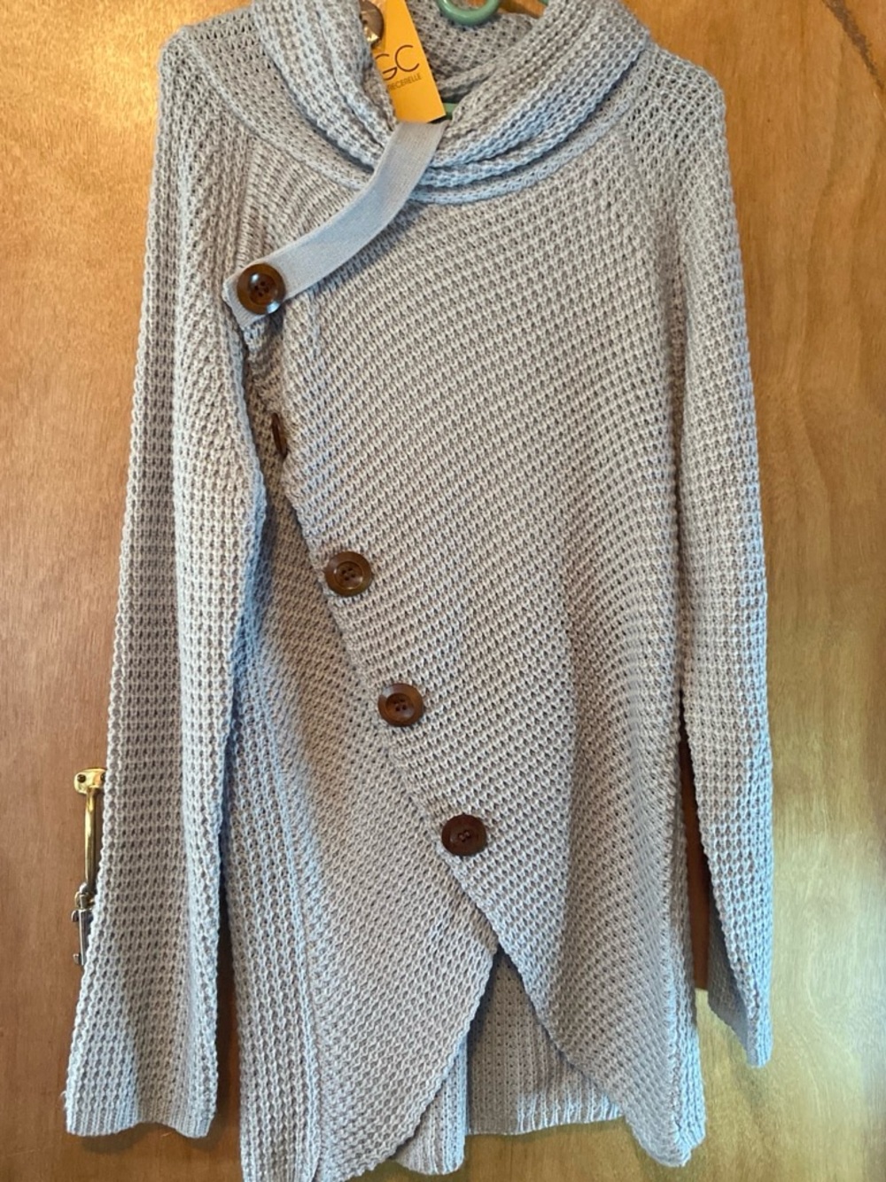 Asymmetrical Button Waffle-Knit Cardigan Sweater in Light Blue